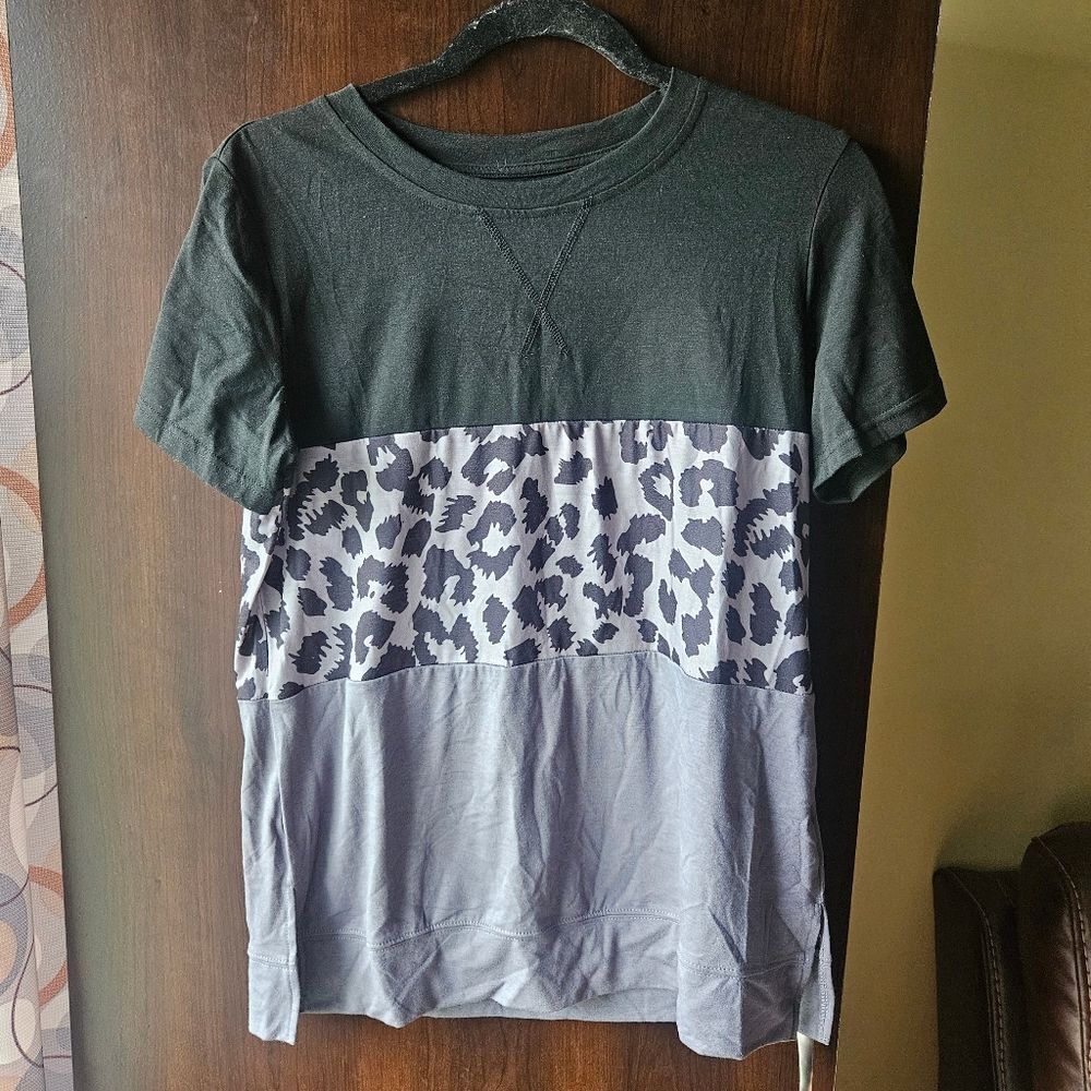 Grey And Black Women's Shirt With Animal Print Accents
